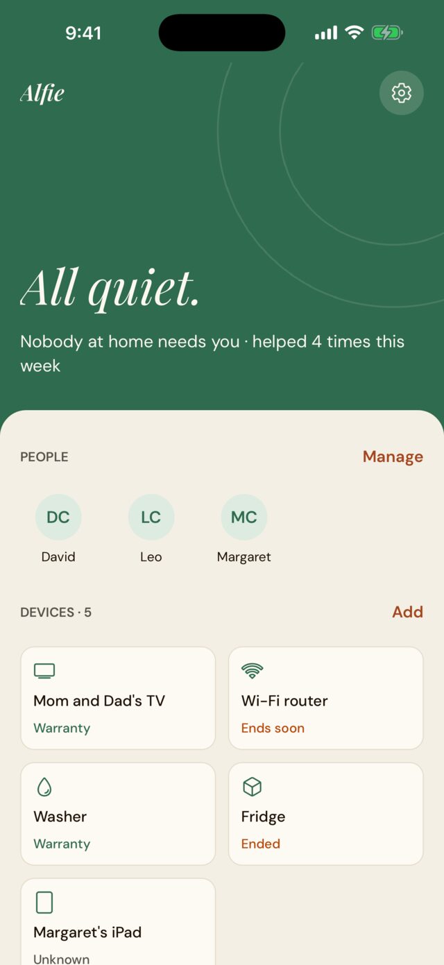 The Alfie app at home: All quiet