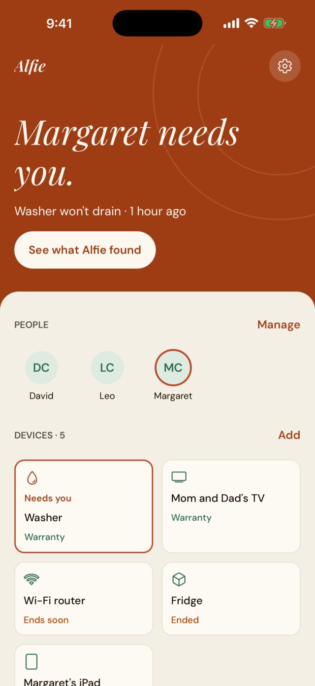 The Alfie app showing that someone at home needs you, with the washer flagged